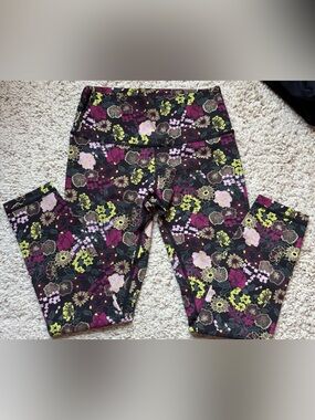 Girls' Floral Active Leggings - Black with Pink & Green